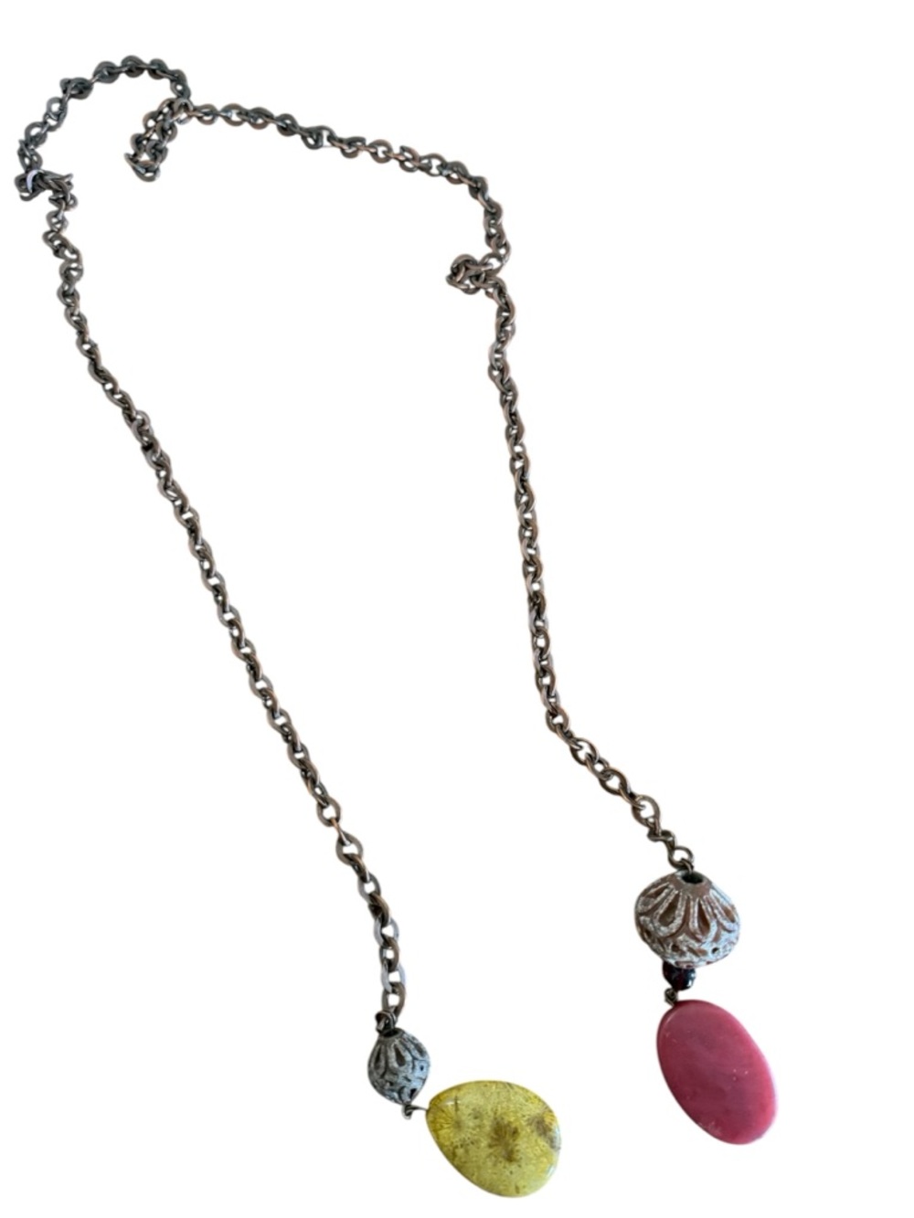 Handcrafted Red Yellow Pendant Necklace Copper Tone Chain Women Artisan Jewelry